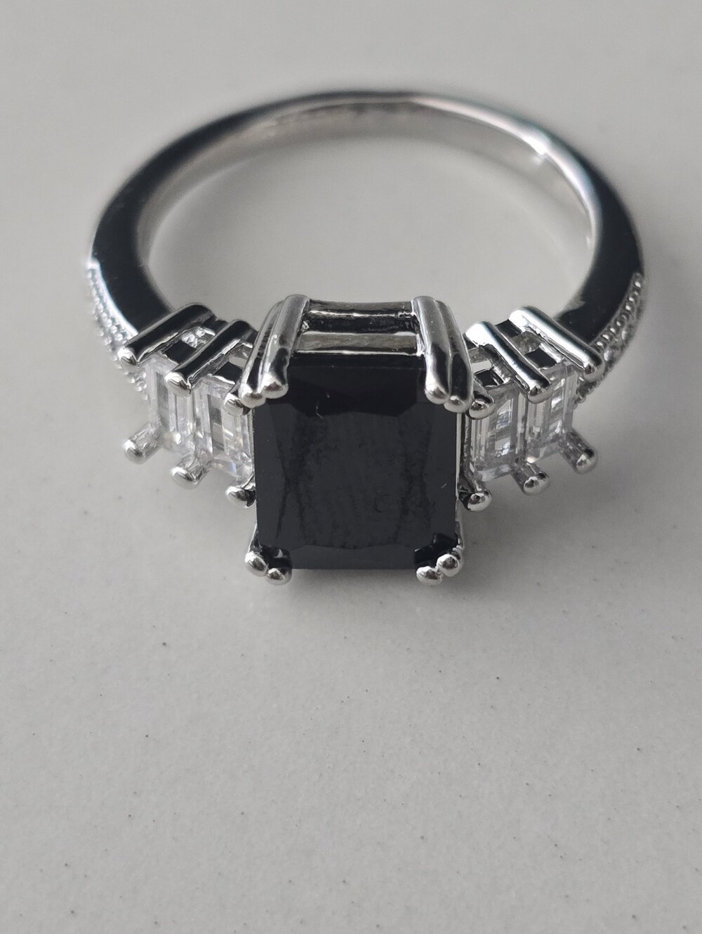 Black Spinel ART DECO Emerald Cut Black Gemstone and CZ Diamond Ring